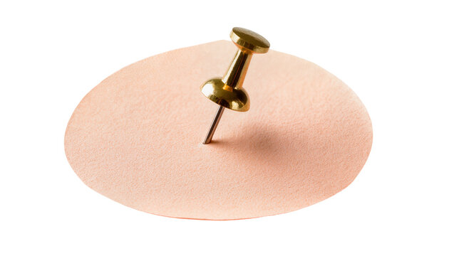 Shiny golden thumbtack pushpin piercing a textured circular light peach paper note, isolated PNG on transparent background for office supplies and stationery design