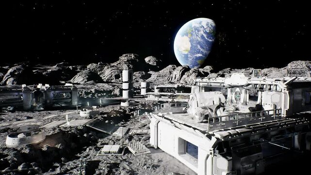 moon base supply yard under earthrise, stacked cargo modules and crates, maintenance vehicles and docking nodes, practical logistics layout with industrial tone