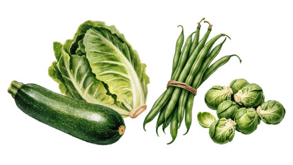 Fototapeta premium Fresh green vegetables collection, including zucchini, romaine lettuce, green beans, and Brussels sprouts, isolated PNG on transparent background for healthy food designs