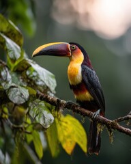 Fototapeta premium Colorful Toucan bird perched on a mossy branch in a tropical rainforest setting for nature editorial and wildlife conservation in bright daylight