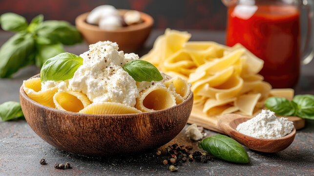 Delicious Stuffed Pasta Shells With Creamy Ricotta Cheese Fresh Basil And Marinara Sauce Ingredients Ready For Cooking A Gourmet Italian Dish On A Rustic Dark Surface