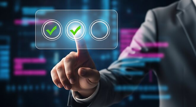 Hand pressing virtual button with two green checkmarks on digital interface