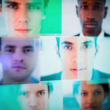 Collage of diverse faces in digital grid representing global connectivity and professional communication through a virtual community networking app interface background