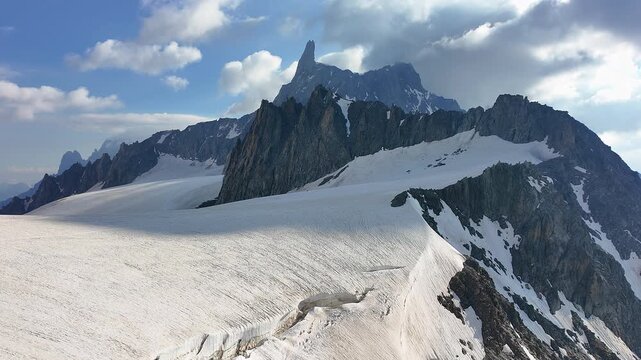 Amazing view to the glaciers of the Mont Blanc range on the Italian side. In the background the Dent du G&eacute;ant. Wonderful landscape. Summer time