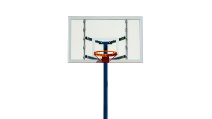 Fototapeta premium Modern basketball hoop with clear transparent backboard and orange rim on a blue pole, isolated PNG on a clean background