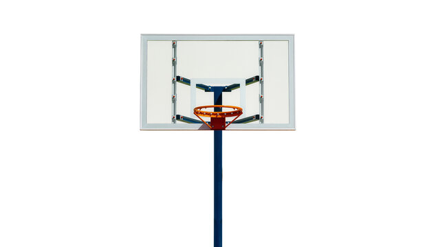 Modern basketball hoop with clear transparent backboard and orange rim on a blue pole, isolated PNG on a clean background