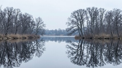 Obraz premium Symmetrical landscape of bare winter trees reflected in a calm lake under an overcast sky.