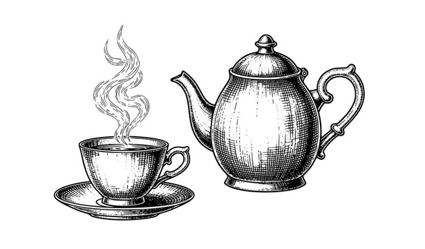 Vintage tea set engraving teapot cup woodcut vector illustration