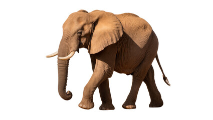Fototapeta premium Majestic African elephant walking gracefully, isolated full body shot with tusks and wrinkled skin, perfect for wildlife projects PNG