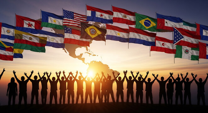 Jubilant crowd with diverse flags isolated on transparent background