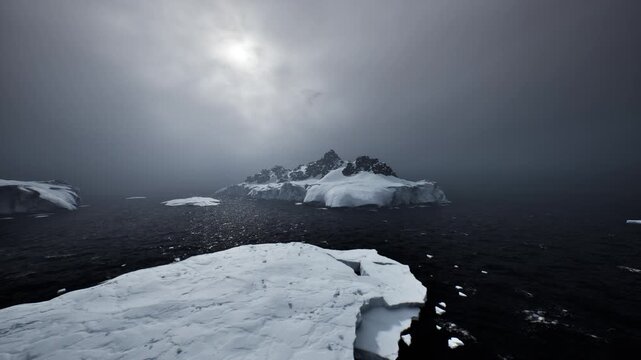 bold icecap edge under heavy clouds, dark reflective sea dotted with small ice, dramatic low contrast lighting creating cinematic tension and environmental