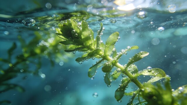 Underwater Macro Aquatic Plant Pearling Oxygen Bubbles Rare Photosynthesis Phenomenon Delicate Air Pockets Serene Freshwater Wellness Abstract