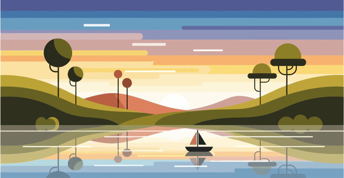 A vibrant, stylized digital illustration of a serene sunset or sunrise over a calm lake with rolling hills, unique trees, and a small sailboat reflecting on the water's surface.
