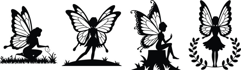 Obraz premium Four black silhouette fairies with butterfly wings in various poses on a white background fairy