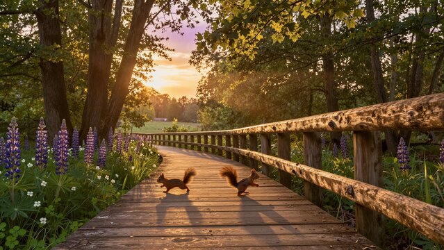 Two squirrels on a wooden bridge in a sunlit forest with purple flowers and green foliage.