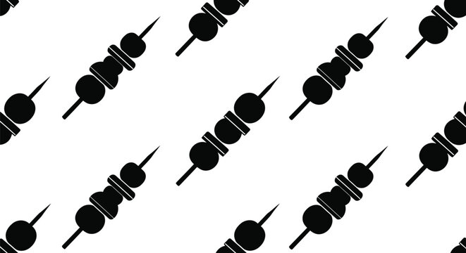 Seamless barbecue skewer vector pattern in black and white for food backgrounds