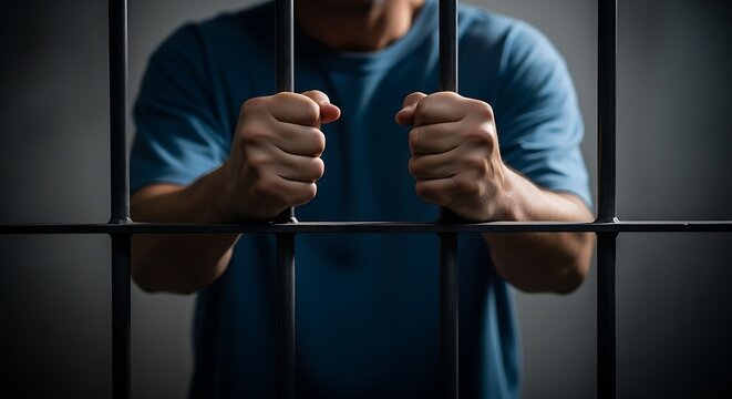 Person gripping metal bars in dimly lit jail cell wearing blue shirt