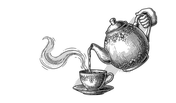 Antique teapot pouring tea vintage engraving vector illustration
