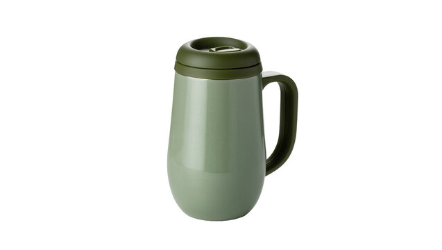 Stylish green and silver insulated travel mug with a dark olive lid and handle, isolated modern reusable coffee cup PNG on transparent background