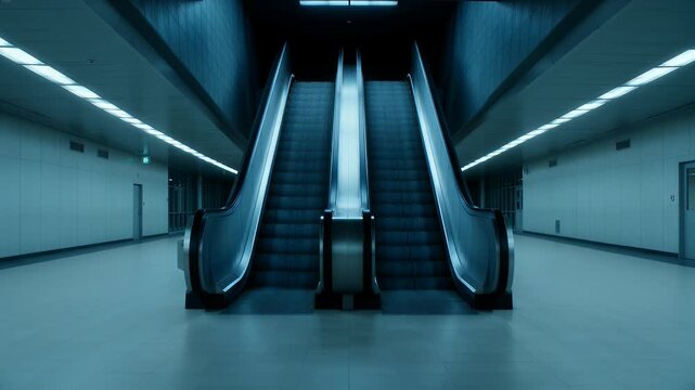 Sleek, empty triple escalators bathed in cold blue light within a minimalist building interior