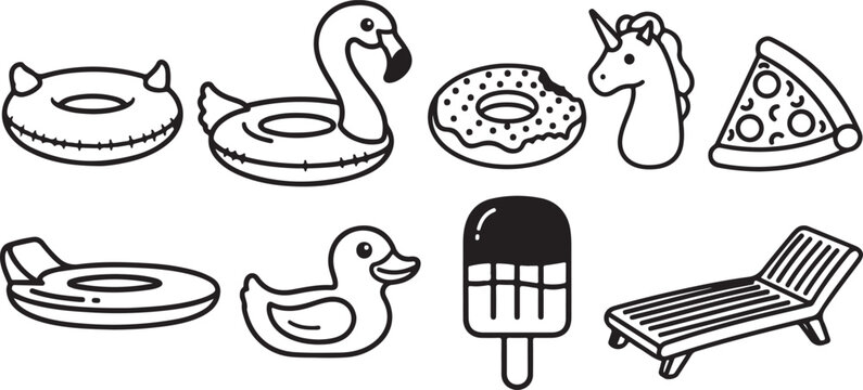 Assorted fun items including inflatable pool floats, snacks, and a lounge chair Vector