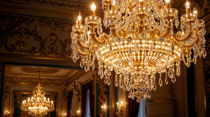 Obraz premium Opulent crystal chandelier in Versailles Palace hall, illuminating gilded baroque details — atmosphere of grandeur, royalty, and Baroque splendor 