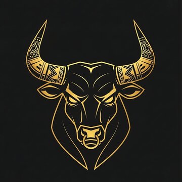 Stylized golden bull head with ornate patterns and a nose ring on a black background
