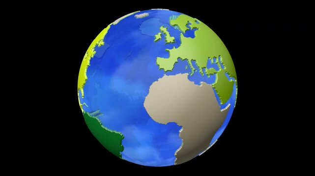 ガラスの球体に少しデフォルメした大陸を貼り付けた地球の3D動画です