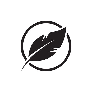 A minimalist black and white graphic icon featuring a stylized bird feather inside a bold circle