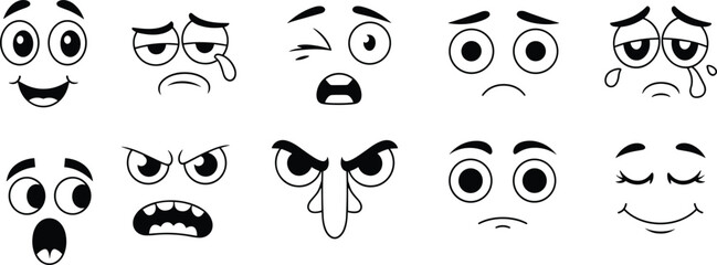 Cartoon facial expressions set, funny emoji faces collection, happy sad angry surprised emotions icons, cute character face illustration