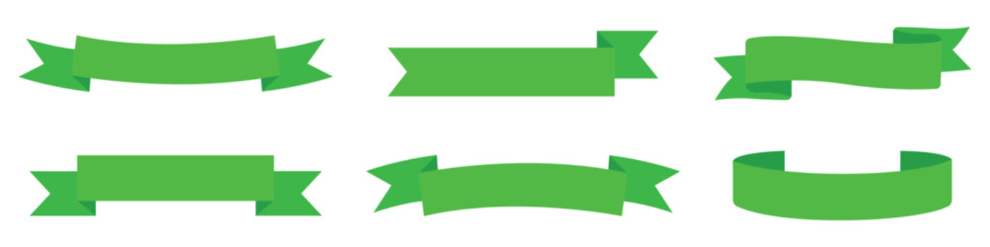 Set of green ribbon banners designs in flat style. Rribbon banner vector icon. Green Ribbons Collection. Vector illustration.