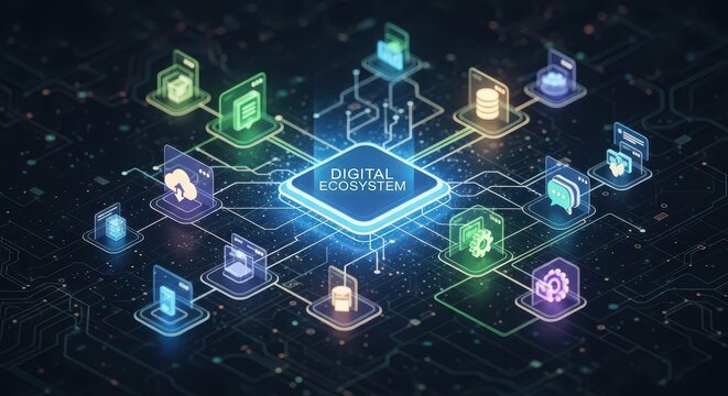 A central glowing square labeled "DIGITAL ECOSYSTEM" connects to various holographic icons representing different digital services and applications on a circuit board background.