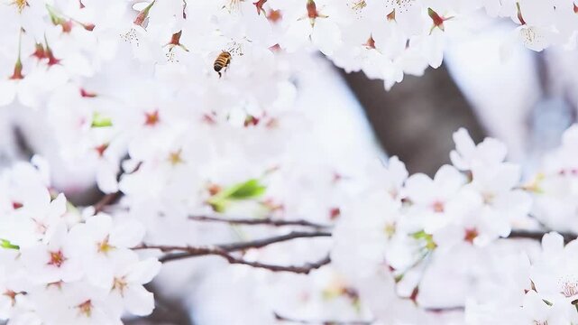 White cherry blossoms heralding spring and the flight of bees, a beautiful spring landscape
