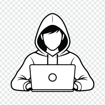 A businessman wearing a mask acts as a criminal hacker typing on a laptop at an office desk to commit data theft and cyber crime