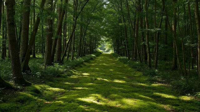 Lush forest path carpeted in bright green moss, sun dappled, leading into light