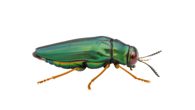 Vibrant metallic green jewel beetle with iridescent shell and striking orange legs, isolated on transparent background, a detailed macro shot PNG