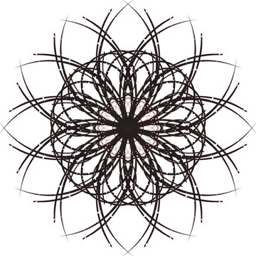 Intricate abstract symmetrical geometric circular mandala design with dark red and black swirling lines creating a complex ornamental pattern isolated on a clean background