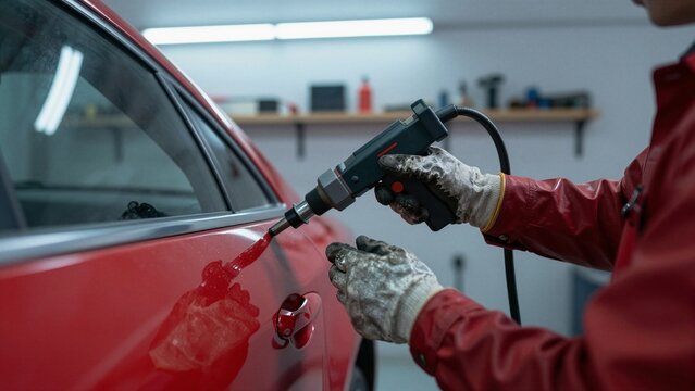 Car repair technician using specialized tool to fix a dent on a red vehicle in a workshop setting.