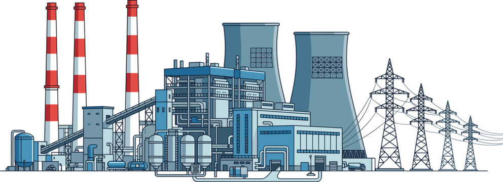 Electric power plant industrial complex with cooling towers smokestacks and transmission lines, energy production vector illustration isolated background