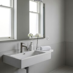Fototapeta premium Clean modern bathroom with wall-mounted sink mirror and white orchids