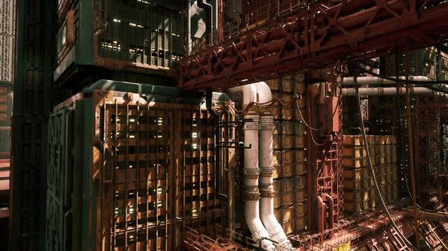 confined machinery maze with narrow maintenance access and tangled piping, warm highlights on copper surfaces, heavy brackets and riveted panels, sense of scale