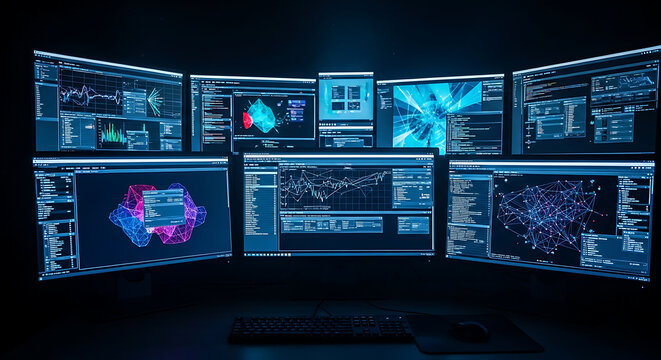 Digital monitor glowing in a shadowy workspace showcasing intricate analytics dashboard and sophisticated futuristic user interface layout within a contemporary tech environment.