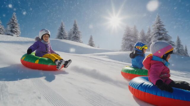3D cinematic animation of kids riding snow tubes downhill on a bright winter day. Snow-cover