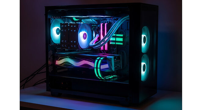 High performance gaming computer case featuring internal hardware components illuminated with vibrant neon rgb light and cooling fan system for powerful workstation processing and technology