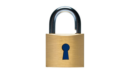 Shiny brass padlock with a silver shackle and a distinctive blue keyhole, isolated on transparent...