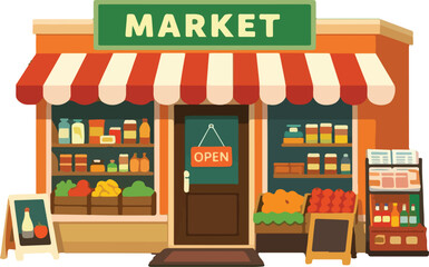 Fototapeta premium Corner Market Shop Building Full View Illustration featuring a Charming Neighborhood Grocery Store with Awning and Display Windows for Urban Cityscape Design