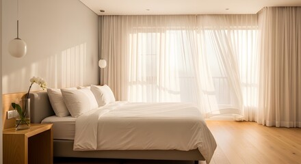 Fototapeta premium Modern minimalist bedroom interior with soft morning sunlight and sheer curtains