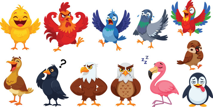 Funny Cartoon Bird Characters Set Featuring Chicken Parrot Pigeon Eagle Owl Flamingo Penguin and Cute Avian Expressions Vector Illustration Collection
