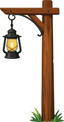 Obraz premium Wooden Post With Vintage Lamp Full View Illustration featuring Rustic Timber Pole and Antique Lantern for Park, Garden, and Outdoor Landscape Design