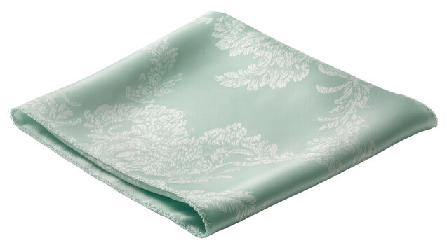 Elegant light green silk fabric pocket square with subtle damask floral pattern, beautifully folded and isolated PNG for fashion or textile design